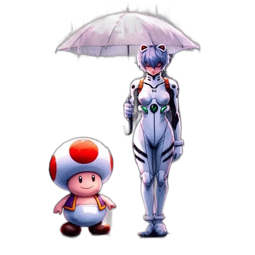 umbrella, robot, dress, concept art, pixel art, vaporwave, 3d render, rain transparent PNG cut-out