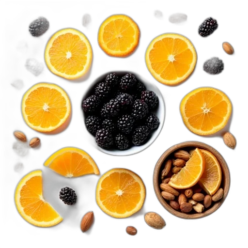 food, photorealistic, monochrome, colorful, variety, fruits, nuts, arranged transparent PNG cut-out