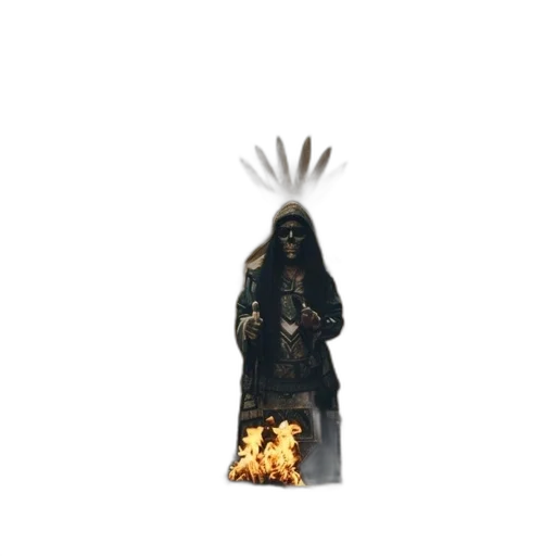 creature, mask, staff, jacket, 3d render, concept art, pixel art, fantasy art transparent PNG cut-out