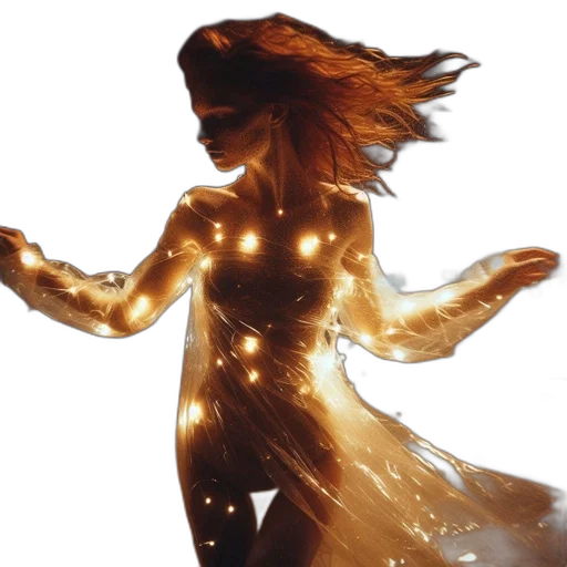 dress, jewelry, 3d render, concept art, fire, neon lights, outer space, golden transparent PNG cut-out