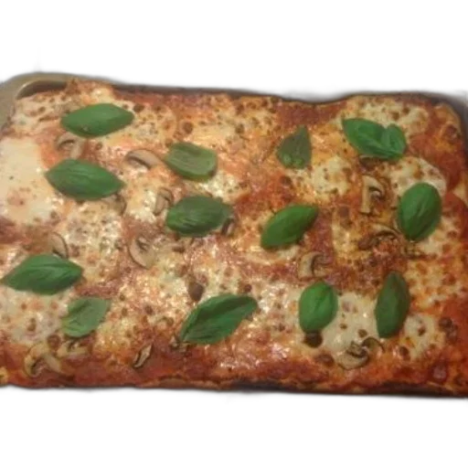 food, photorealistic, rectangular, pizza, mushrooms, basil, leaves, top transparent PNG cut-out