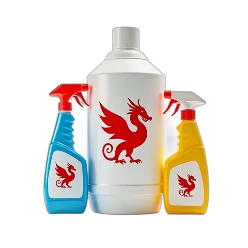 bottle, 3d render, collection, cleaning, products, red, dragon, logo transparent PNG cut-out