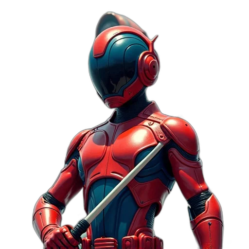 robot, mask, jacket, weapon, concept art, 3d render, comic book art, red transparent PNG cut-out