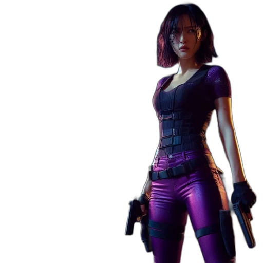 weapon, jacket, concept art, 3d render, cyberpunk, comic book art, woman, stands transparent PNG cut-out