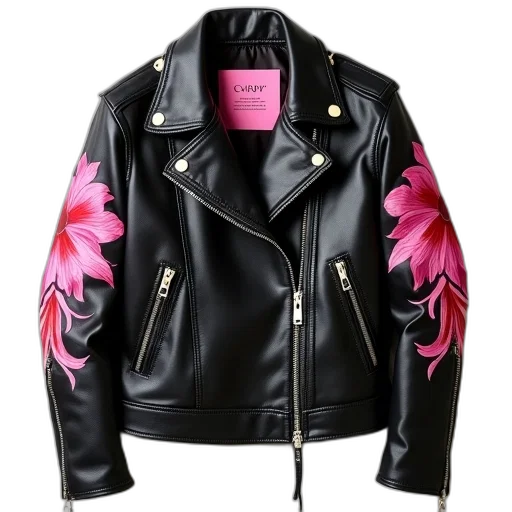 jacket, black, leather, pink, accents, sleeves, label, back transparent PNG cut-out