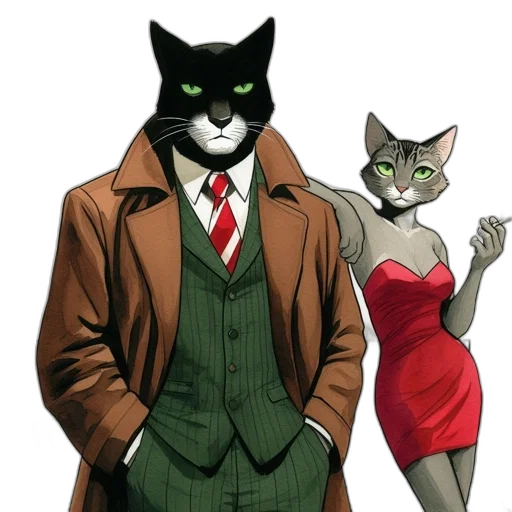comic book art, concept art, cartoon, city street, two, anthropomorphic, cats, wearing transparent PNG cut-out