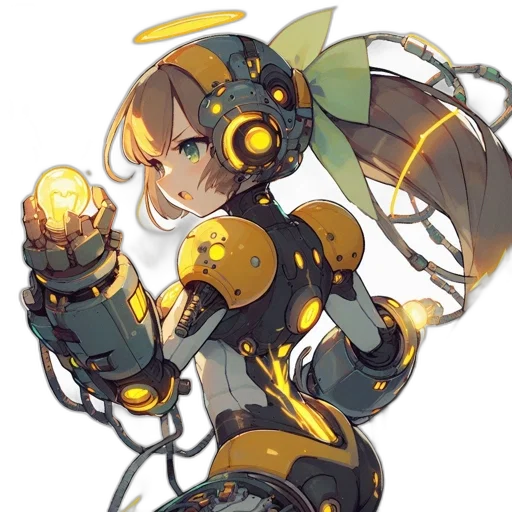 robot, weapon, staff, concept art, cyberpunk, anime, pixel art, golden transparent PNG cut-out