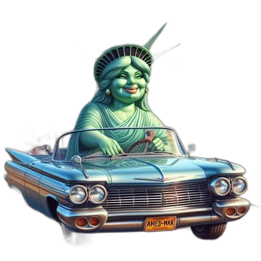 car, concept art, photorealistic, 3d render, cartoon, caricatured, statue, liberty transparent PNG cut-out
