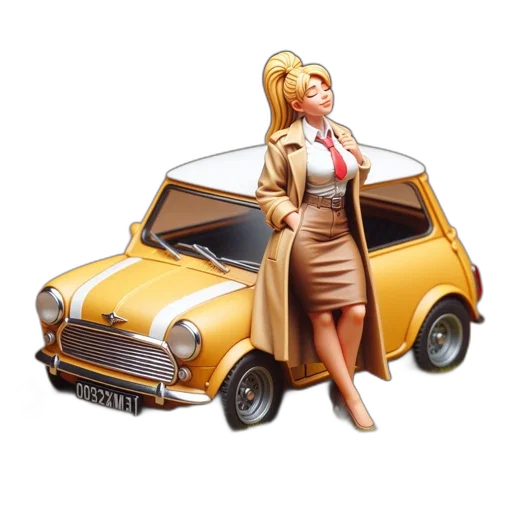 car, 3d render, concept art, cartoon, photorealistic, miniature, blonde, woman transparent PNG cut-out