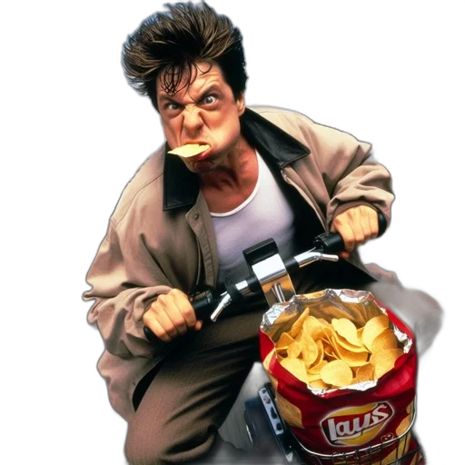 food, photorealistic, concept art, 3d render, comic book art, man, rides, scooter transparent PNG cut-out