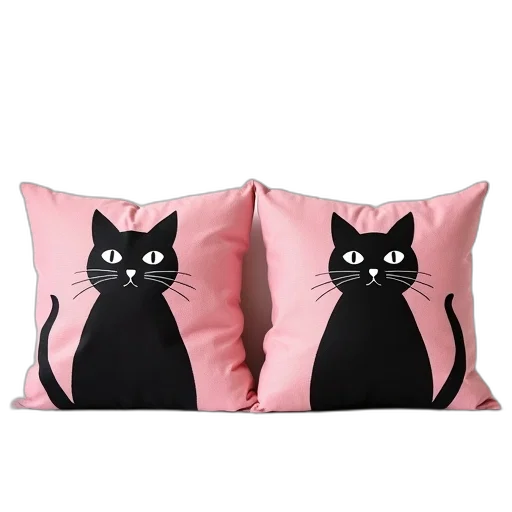 monochrome, two, identical, black, pink, patterned, pillows, cat transparent PNG cut-out