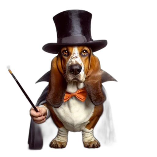staff, hat, animal, concept art, fantasy art, photorealistic, pixel art, basset transparent PNG cut-out