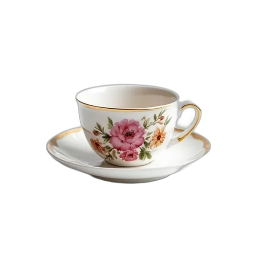 3d render, photorealistic, white, porcelain, teacup, floral, pattern, sits transparent PNG cut-out