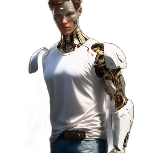 robot, jacket, weapon, staff, concept art, cyberpunk, 3d render, photorealistic transparent PNG cut-out