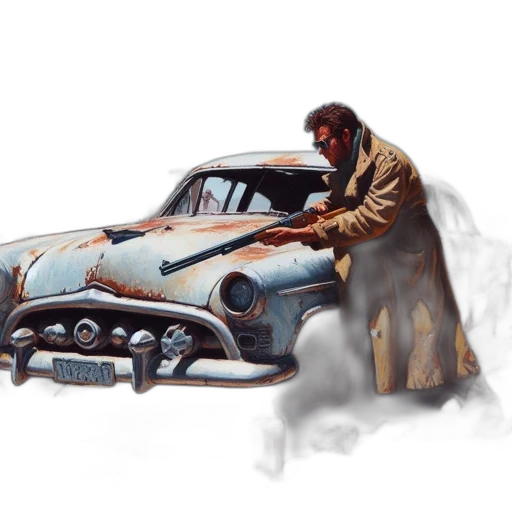 car, concept art, photorealistic, watercolor, oil painting, fog, fire, city street transparent PNG cut-out