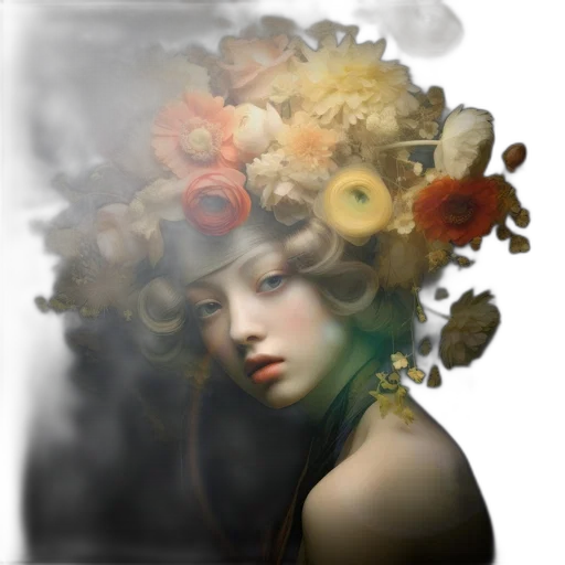crown, flower, face, mask, photorealistic, fantasy art, oil painting, concept art transparent PNG cut-out