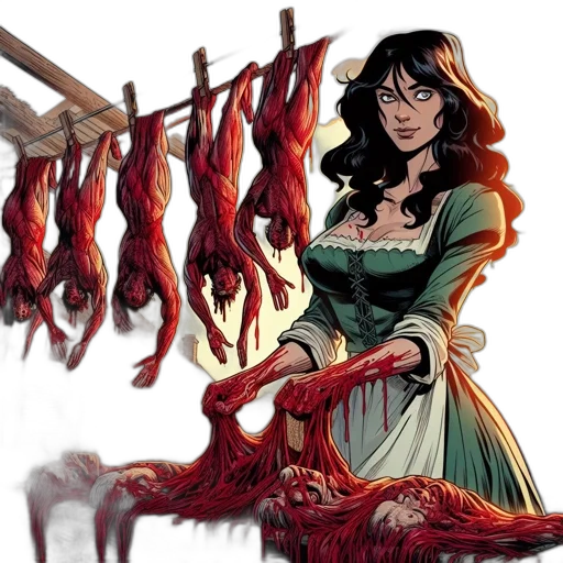 comic book art, concept art, woman, dark, hair, green, dress, white transparent PNG cut-out