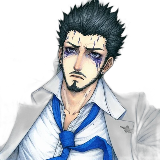 staff, face, jacket, anime, cartoon, photorealistic, comic book art, blue transparent PNG cut-out