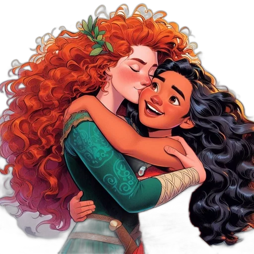 comic book art, concept art, fantasy art, watercolor, two, animated, females, hugging transparent PNG cut-out