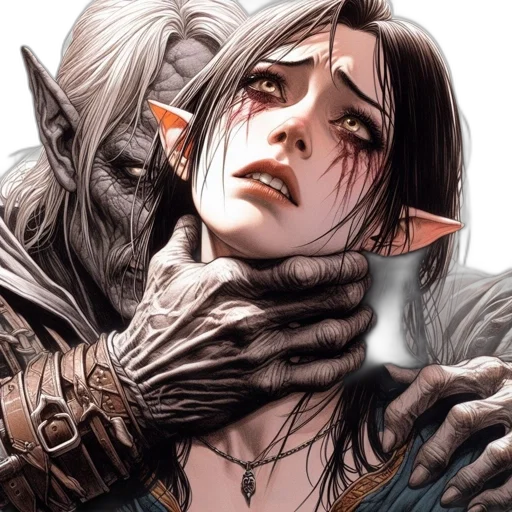comic book art, fantasy art, concept art, elf-like, woman, distress, held, grizzled transparent PNG cut-out