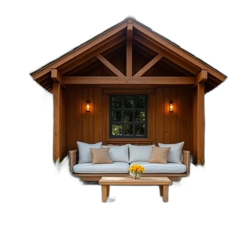 furniture, 3d render, concept art, photorealistic, backyard, shed, couch, near transparent PNG cut-out