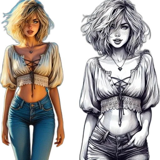 comic book art, concept art, fantasy art, photorealistic, earth tones, woman, shown, twice transparent PNG cut-out