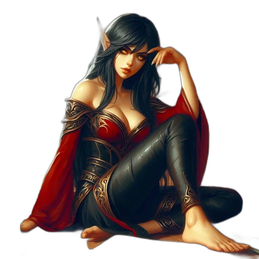 fantasy art, comic book art, concept art, pixel art, red, lady, elf-like, ears transparent PNG cut-out