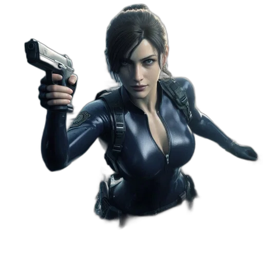weapon, jacket, concept art, 3d render, photorealistic, cyberpunk, female, protagonist transparent PNG cut-out