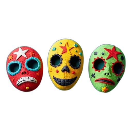 mask, collection, three, colorful, masks, displayed, teal, surface transparent PNG cut-out