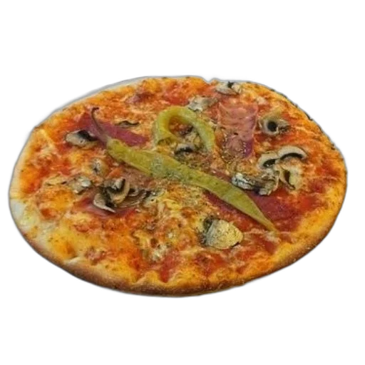 food, weapon, 3d render, photorealistic, pizza, mushrooms, ham, green transparent PNG cut-out