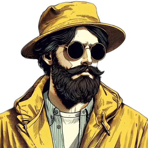 jacket, hat, face, comic book art, photorealistic, concept art, pixel art, golden transparent PNG cut-out