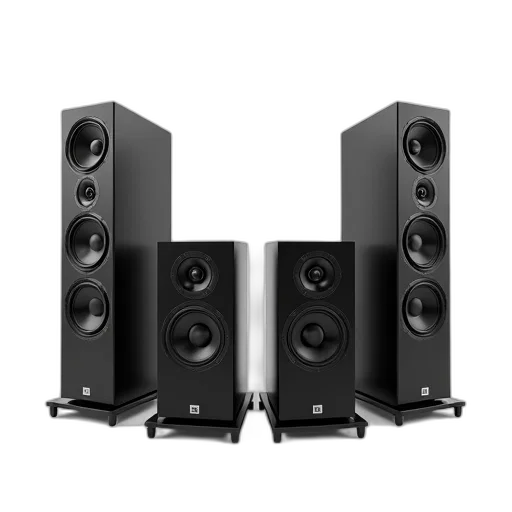 set, four, speakers, displayed, against, white, background, arranged transparent PNG cut-out