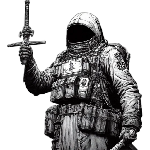 jacket, weapon, staff, sword, concept art, comic book art, pixel art, fantasy art transparent PNG cut-out