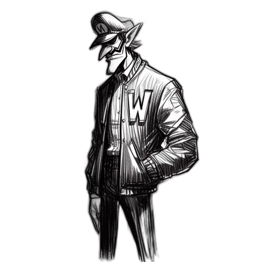 jacket, hat, staff, robot, comic book art, concept art, cyberpunk, pencil sketch transparent PNG cut-out