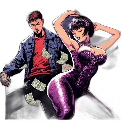 comic book art, concept art, cyberpunk, neon lights, two, animated, characters, young transparent PNG cut-out