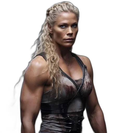 hair, photorealistic, woman, braided, bloodstained, sleeveless, top, battle-ready transparent PNG cut-out