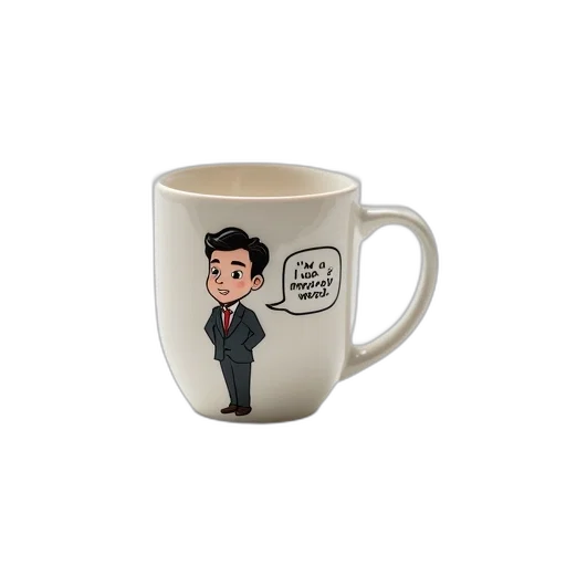 cartoon, 3d render, white, ceramic, mug, character, man, suit transparent PNG cut-out