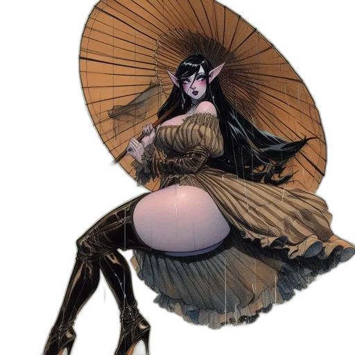 mask, umbrella, hat, dress, concept art, fantasy art, comic book art, watercolor transparent PNG cut-out