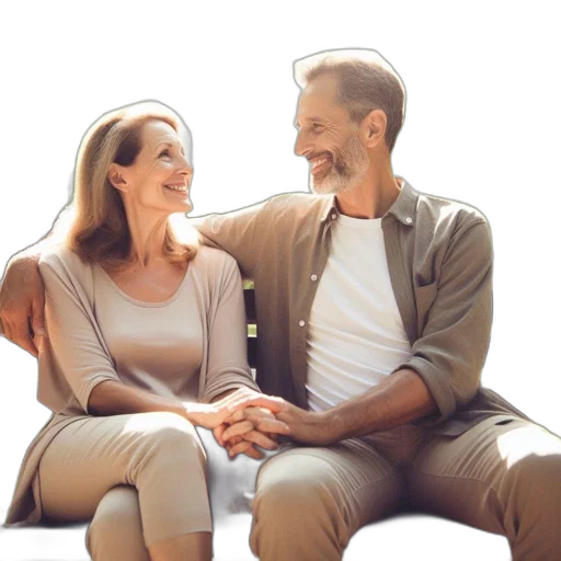 jacket, photorealistic, mature, couple, smiles, together, while, seated transparent PNG cut-out