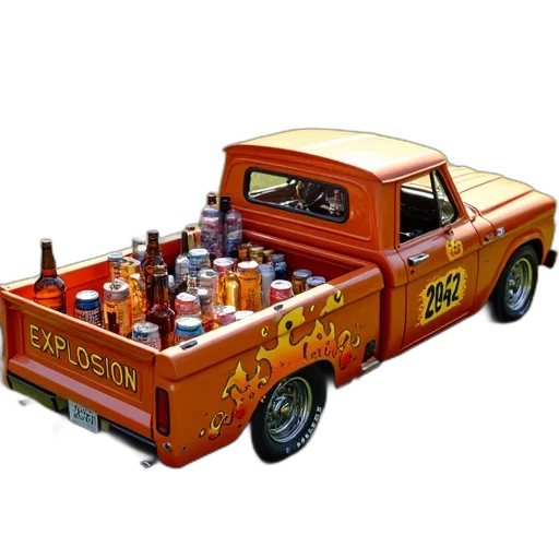 car, bottle, food, photorealistic, 3d render, small, orange, pickup transparent PNG cut-out
