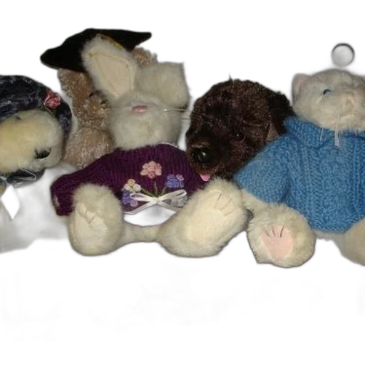 group, stuffed, animals, including, bunny, purple, sweater, flowers transparent PNG cut-out