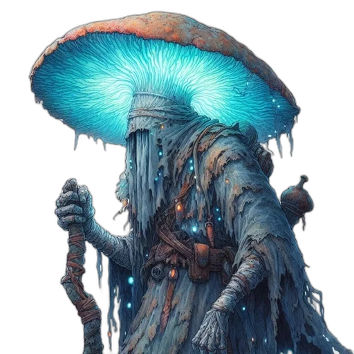 creature, hat, umbrella, staff, concept art, fantasy art, cyberpunk, comic book art transparent PNG cut-out