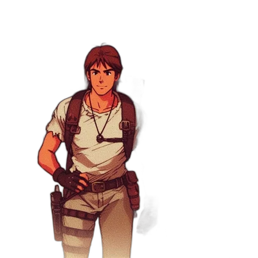 staff, weapon, jacket, pixel art, concept art, comic book art, cartoon, earth tones transparent PNG cut-out