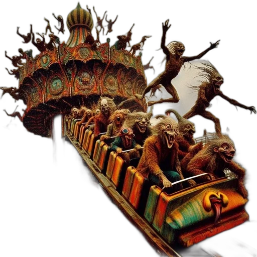 crown, concept art, fantasy art, rollercoaster, ride, haunted, ghostly, figures transparent PNG cut-out