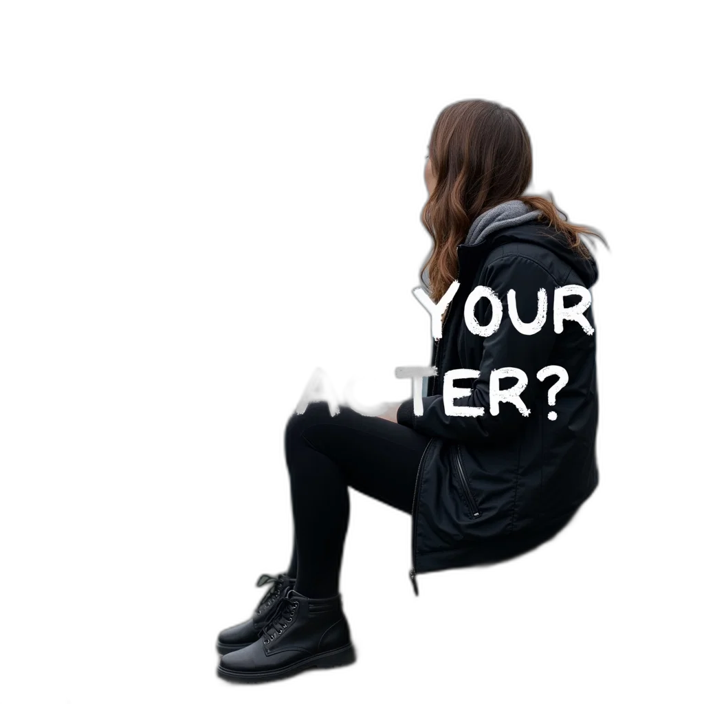jacket, shoes, dress, face, 3d render, dark, person, sitting transparent PNG cut-out