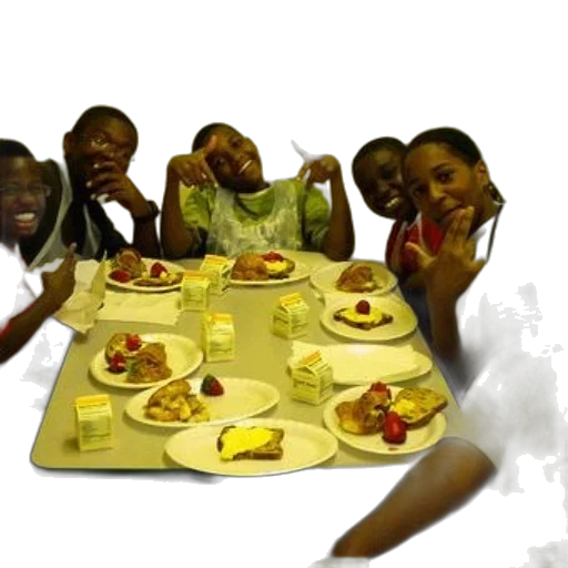 food, photorealistic, 3d render, group, children, sit, around, table transparent PNG cut-out