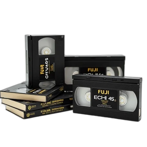 collection, fuji, ech, 45s, vhs, camcorder, tapes, displayed transparent PNG cut-out