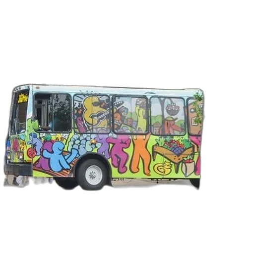 car, cartoon, concept art, colorful, bus, graffiti, parked, front transparent PNG cut-out