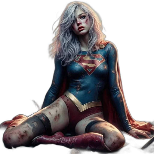 comic book art, concept art, fantasy art, photorealistic, distressed, exhausted, female, superhero transparent PNG cut-out