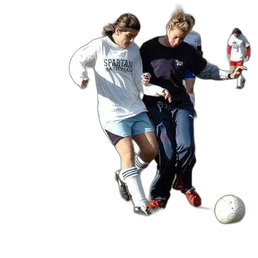 photorealistic, two, girls, playing, soccer, field, white, ball transparent PNG cut-out